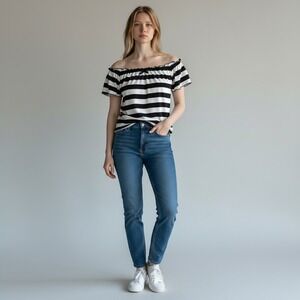 Julie's Closet USA Black White Striped Ruffle Cap Sleeve Bow Top Medium